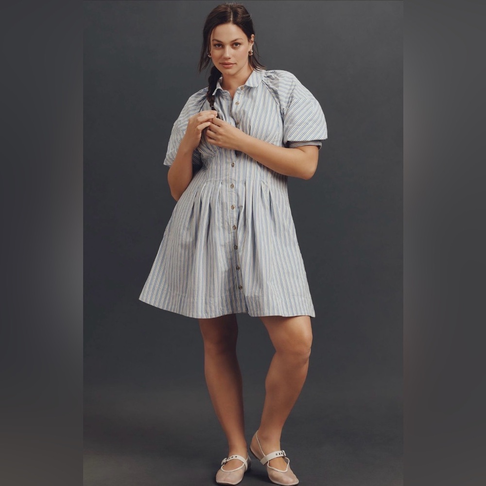 ✨ Anthropologie Puff-Sleeve Mini Shirt Dress Sz L - Picture 7 of 11